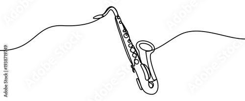 Continuous line vector illustration of a saxophone isolated on transparent background. Minimalist one line drawing of a brass musical instrument, concept of jazz music and performance