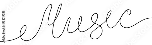 Continuous line vector illustration of the word Music isolated on transparent background. Minimalist one line typography concept related to sound, melody and creative design