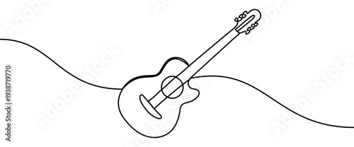 Continuous line vector illustration of an acoustic guitar isolated on transparent background. Minimalist one line drawing concept of music, melody and musical performance