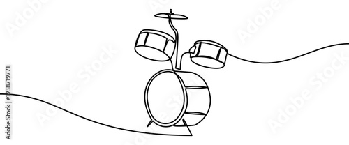 Continuous line vector illustration of a drum set isolated on transparent background. Minimalist one line drawing concept of music, percussion, band, and performance