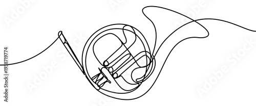 Continuous line vector illustration of a French horn isolated on transparent background. Minimalist one line drawing of a brass musical instrument symbolizing orchestra, music, and performance