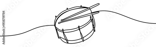 Continuous line vector illustration of a drum with drumsticks isolated on transparent background. Minimalist one line drawing representing percussion instrument, rhythm, music performance and sound