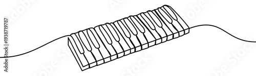 Continuous line vector illustration of a synthesizer keyboard isolated on transparent background. Minimalist one line drawing representing electronic music instrument, sound production and studio