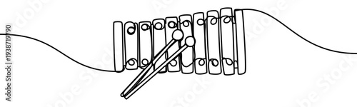 Continuous line vector illustration of a xylophone with mallets isolated on transparent background. Minimalist one line drawing of percussion musical instrument used in orchestra, music education