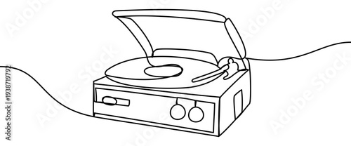 Continuous line vector illustration of a vinyl record player with turntable and tonearm isolated on transparent background. Minimalist one line drawing of retro music playback device
