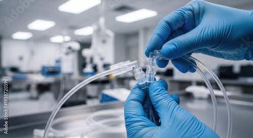 Gloved hands assemble clear medical tubing in a sterile, modern environment