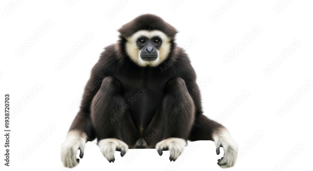 Obraz premium Gibbon sitting, black fur, white face markings, isolated on white background