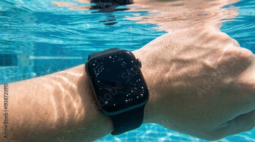 Bild auf Leinwand Close-up of a waterproof smartwatch on a wrist submerged in swimming pool water