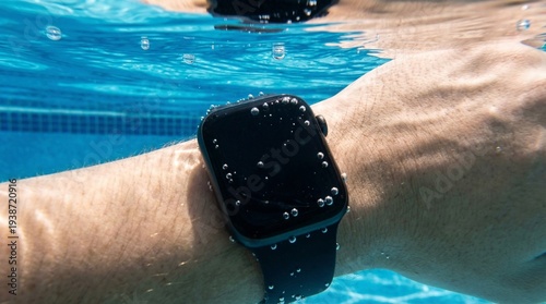 Foto Close-up of a waterproof smartwatch on a wrist submerged in swimming pool water