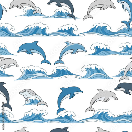 Seamless Pattern of Dolphins Jumping Out of Ocean Waves
