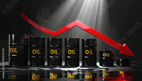 Oil Barrels Representing Economic Decline with Red Graph Depiction of Downward Trend