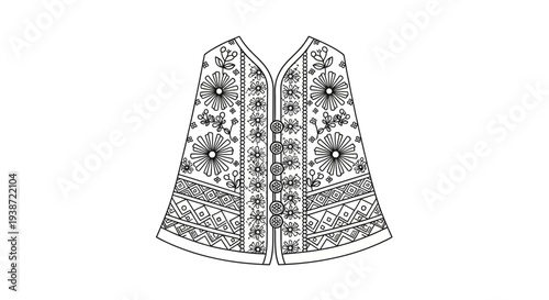 Traditional embroidered vest, folk art, black and white line drawing, fashion sketch