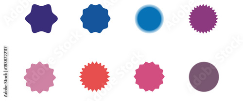 Set of vector starburst, sunburst badges. Nine different color. Simple flat style Vintage labels. Design elements. Colored stickers. A collection of different types and colors icon.