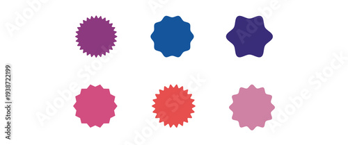Set of vector starburst, sunburst badges. Nine different color. Simple flat style Vintage labels. Design elements. Colored stickers. A collection of different types and colors icon.