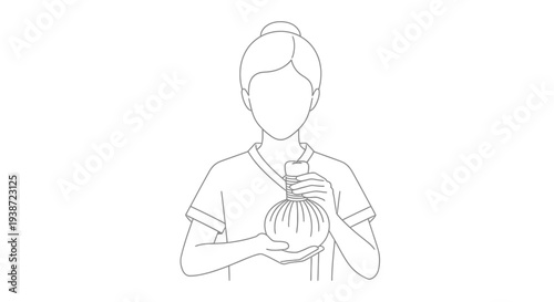Thai Herbal Compress Massage Ball Holding by Woman Line Art Illustration