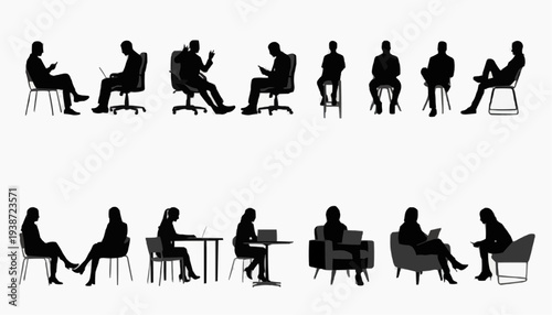 silhouettes of people Vector Set of Detailed People Sitting Silhouettes Isolated on White Background – Human Sitting Pose Collection Illustration