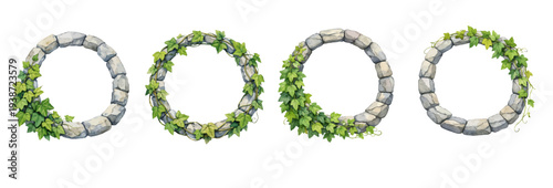 A charming watercolor collection of circular stone frames with creeping ivy vines and green leaves for botanical border illustrations and nature design.