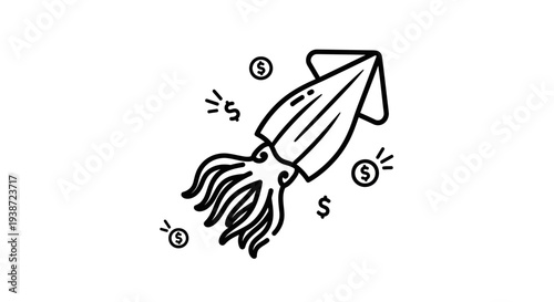 Squid Character with Money Symbols and Coins, Cartoon Style