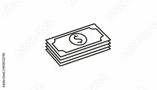 Stack of Money Icon, Simple Line Art Illustration of Cash Bills with Dollar Sign