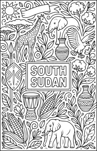 South Sudan hand drawn vector illustration doodle art line art coloring page for kids