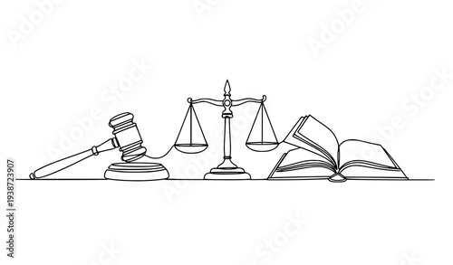 One continuous line drawing of gavel scales of justice and law books minimalist legal outline vector illustration