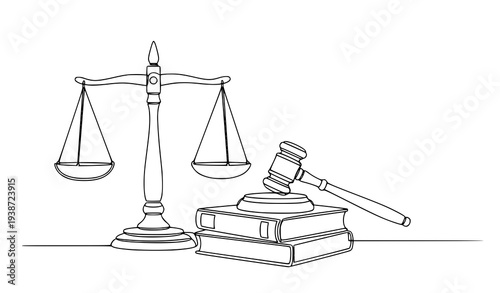 Continuous one line drawing of scales of justice gavel and law books minimalist legal concept vector illustration