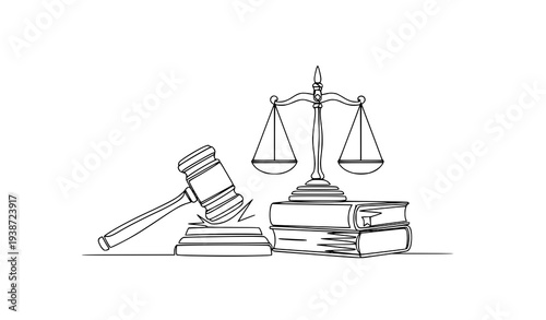 Minimal continuous line art of judge gavel law books and scales of justice outline legal vector illustration