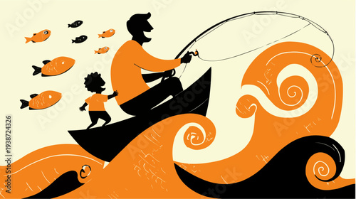 Flat vector illustration of a father and child fishing in a boat on wavy water, ideal for family-themed content or children's books.