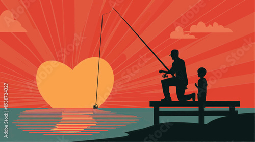 Flat vector illustration of a father and child fishing at sunset, ideal for family-themed websites, greeting cards, or outdoor activity promotions.