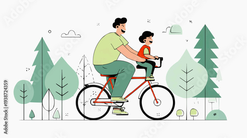 Flat vector illustration of a father teaching his son to ride a bicycle, suitable for family blogs, parenting articles, or outdoor activity promotions.