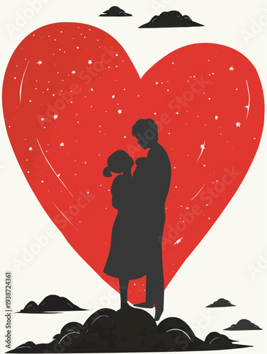 Flat vector illustration of a father holding his child against a large red heart, suitable for Father's Day cards, family blogs, or parenting resources.