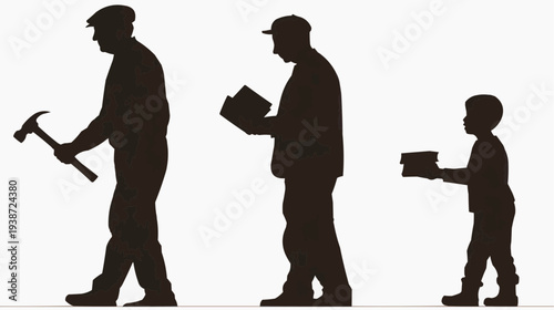 Flat vector illustration of grandfather, father, and son silhouettes, ideal for depicting generational themes, family values, or educational content.
