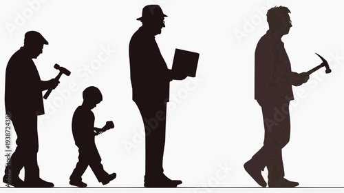 Flat vector illustration depicting the silhouette of a man's life stages, suitable for educational content, generational themes, or personal development concepts.