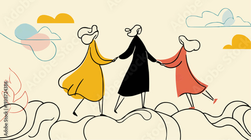 Flat vector illustration of grandmother, mother, and daughter holding hands, suitable for family-themed websites, social media, or generational bond concepts.