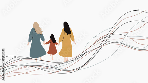 Flat vector illustration of grandmother, mother, and daughter walking together, suitable for family-themed websites, greeting cards, or social media posts.