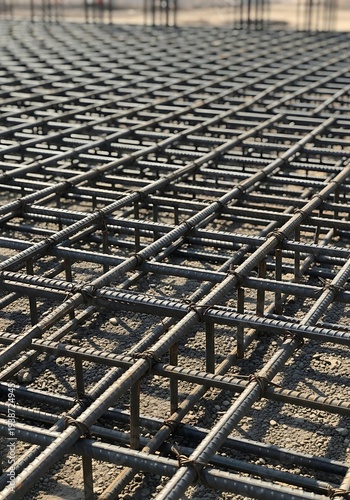 Foundation reinforcement bars creating grid pattern on industrial site ground