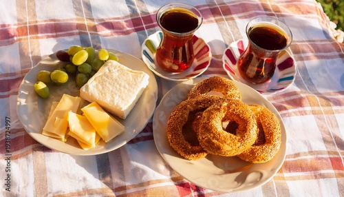 Turkish breakfast spread enjoying fresh simit bread and tea