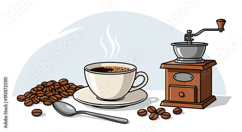 A vector graphic illustration of a steaming cup of coffee with a coffee grinder and beans