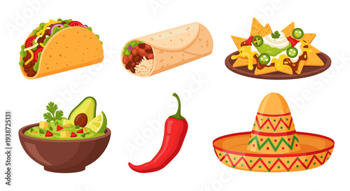 A colorful vector graphic illustration of various Mexican food items and symbols