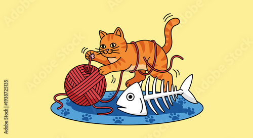 A playful cartoon cat pounces on a ball of yarn next to a fish skeleton in a whimsical illustration