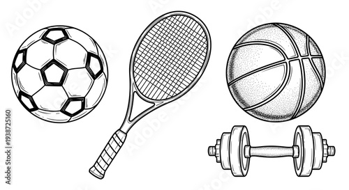 A vector graphic illustration of various sports equipment icons including a soccer ball, tennis racket, basketball, and dumbbell.