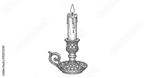 A minimalist line art illustration of a vintage candleholder with a lit candle