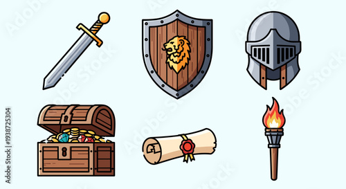 A set of medieval icons including a sword, shield, helmet, treasure chest, scroll, and torch, designed in a flat, minimal style.