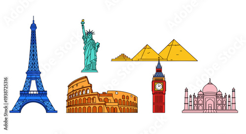 A colorful vector graphic illustration of famous landmarks from around the world