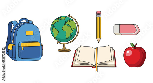 A colorful vector illustration of school supplies and education icons on a white background