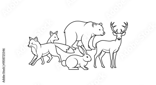 A minimalist vector illustration of a forest animal family with a bear, deer, rabbit, and foxes in a simple line art style