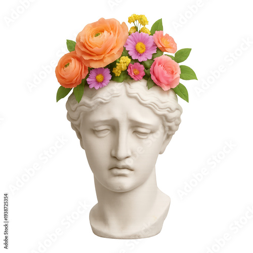 PNG Classical bust adorned with flowers.