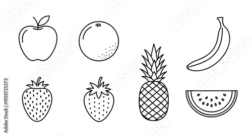 A set of colorful fruit icons in a minimalist line art style