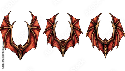 A set of three red dragon wings in different positions on a white background