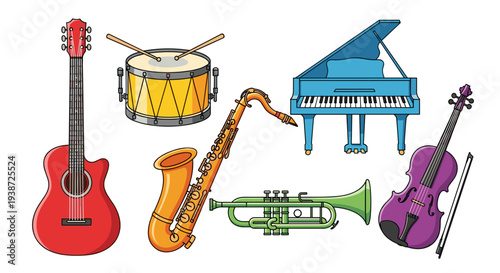 A colorful illustration of various musical instruments, including a guitar, drum, saxophone, trumpet, piano, and violin.